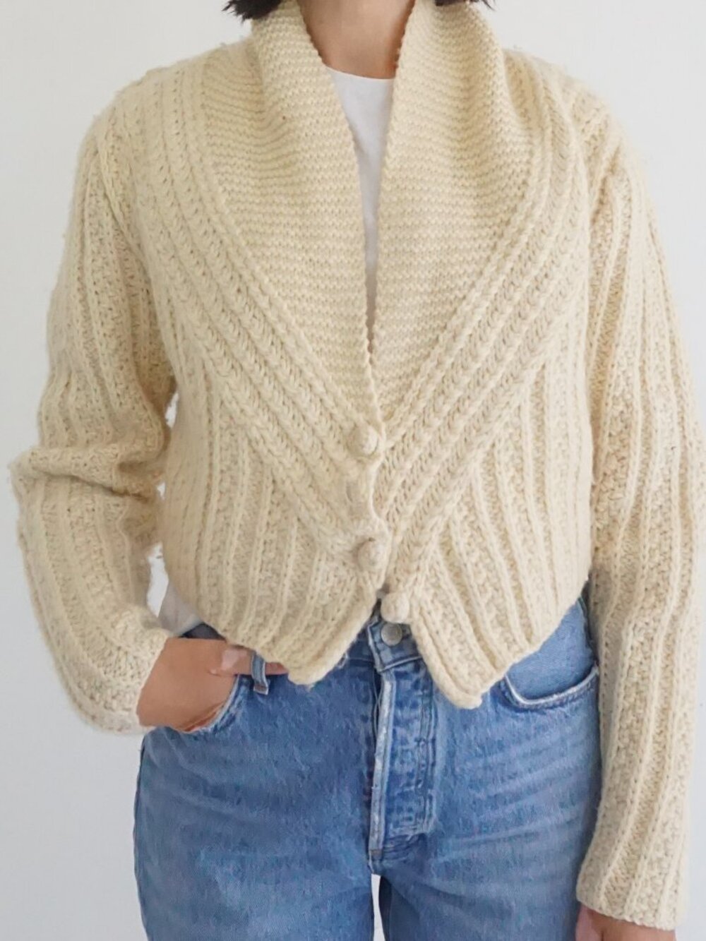 Vintage Ellen Tracy Cream Chunky Cable Knit Pure Wool Shawl Button Cardigan L